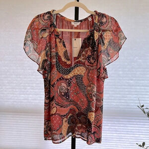 A.L.C. Julie Crinkle Silk Chiffon Flutter Sleeve Blouse Red Floral Paisley 8 NWT